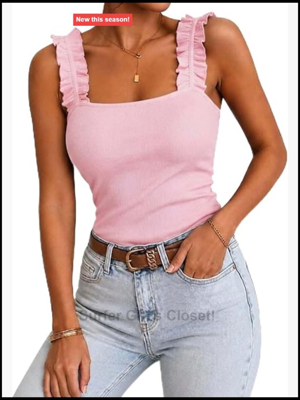 Ruffle Strap Square Neck Sleeveless Ribbed Knit Tank Top Women's Slim Fit